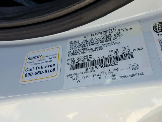 3LNHL2GC5CR800282 - 2012 LINCOLN MKZ WHITE photo 10