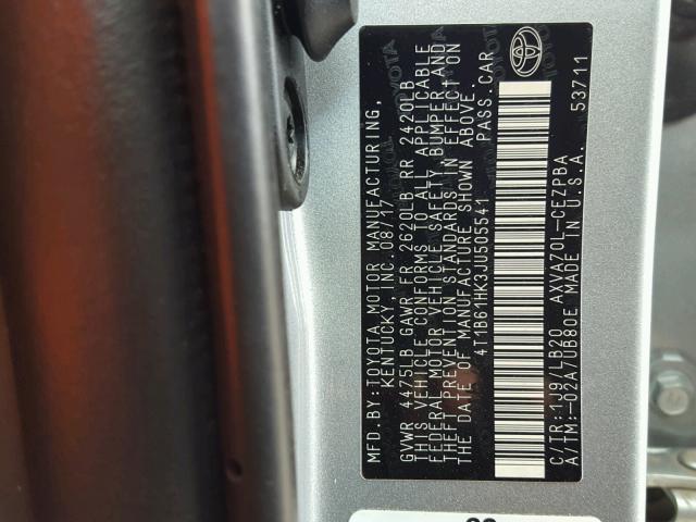 4T1B61HK3JU505541 - 2018 TOYOTA CAMRY XSE SILVER photo 10