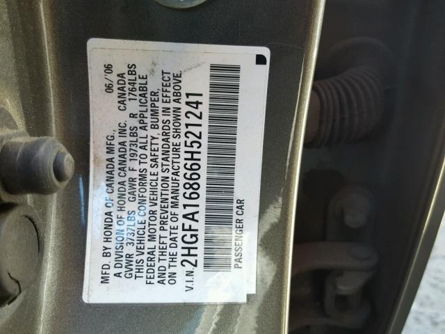 2HGFA16866H521241 - 2006 HONDA CIVIC EX SILVER photo 10