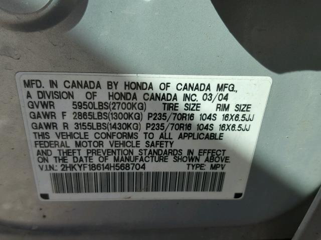 2HKYF18614H568704 - 2004 HONDA PILOT EXL SILVER photo 10