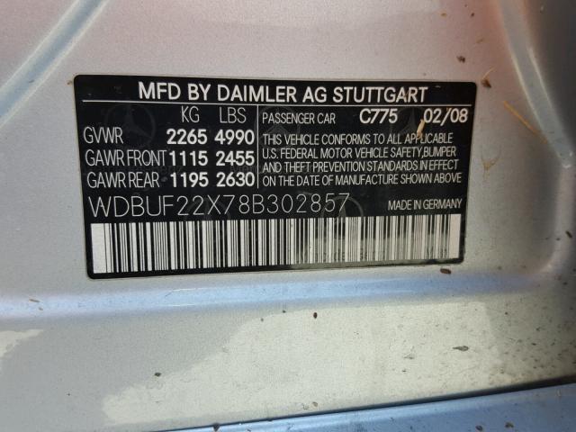 WDBUF22X78B302857 - 2008 MERCEDES-BENZ E 320 CDI SILVER photo 10