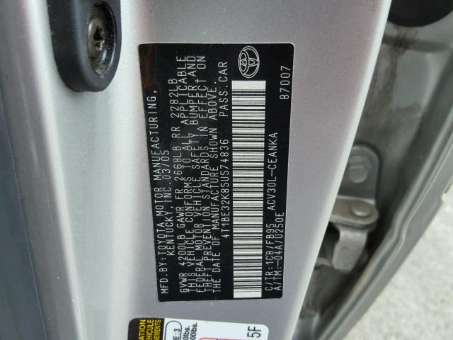 4T1BE32K85U574836 - 2005 TOYOTA CAMRY LE SILVER photo 10