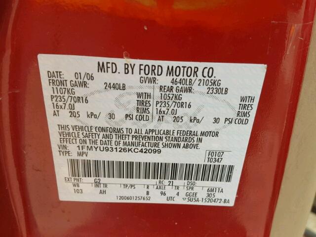 1FMYU93126KC42099 - 2006 FORD ESCAPE XLT RED photo 10