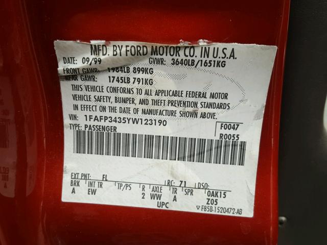 1FAFP3435YW123190 - 2000 FORD FOCUS SE RED photo 10