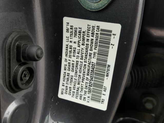 19XFB2F54EE064057 - 2014 HONDA CIVIC LX GRAY photo 10