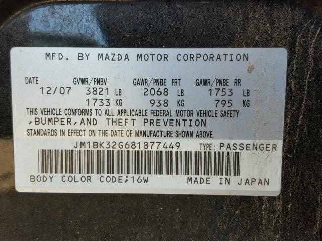 JM1BK32G681877449 - 2008 MAZDA 3 I BLACK photo 10