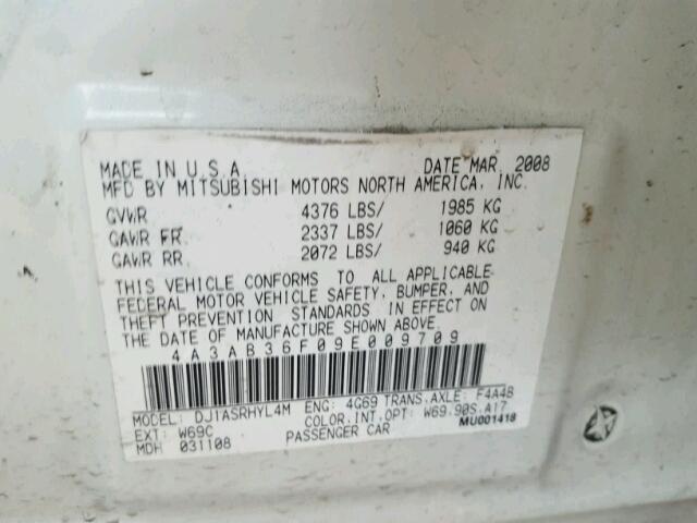 4A3AB36F09E009709 - 2009 MITSUBISHI GALANT ES WHITE photo 10