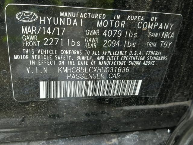 KMHC85LCXHU031636 - 2017 HYUNDAI IONIQ LIMI BLACK photo 10