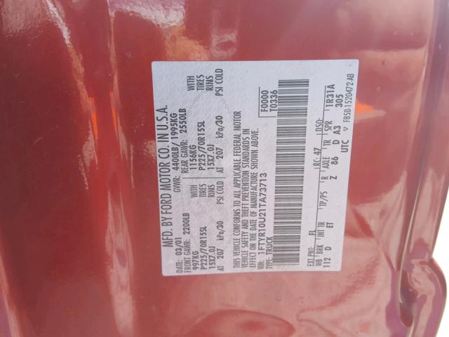 1FTYR10U21TA73713 - 2001 FORD RANGER RED photo 10