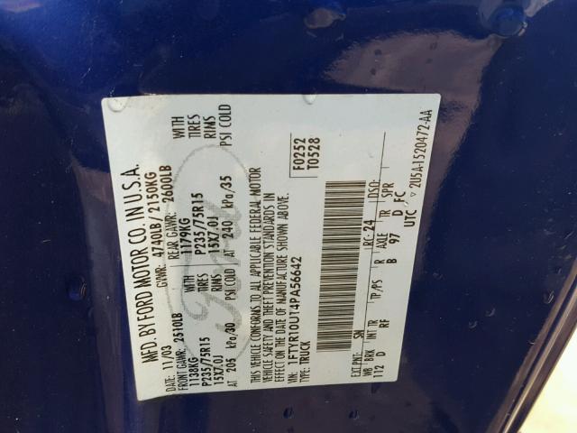 1FTYR10U14PA56642 - 2004 FORD RANGER BLUE photo 10