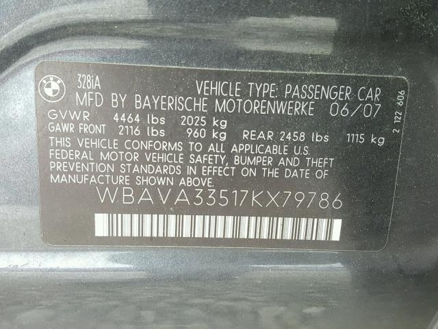 WBAVA33517KX79786 - 2007 BMW 328 I GRAY photo 10