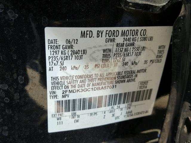 2FMDK3GC1DBA57031 - 2013 FORD EDGE SE BLACK photo 10