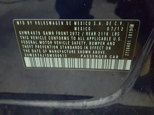 3VW2K7AJ1DM350613 - 2013 VOLKSWAGEN JETTA BASE 蓝色 照片 10