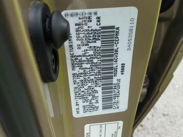 4T1BE30K83U153652 - 2003 TOYOTA CAMRY LE GOLD photo 10