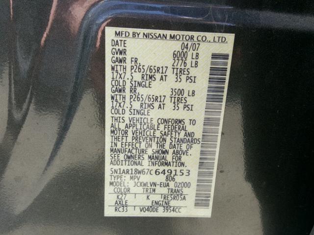 5N1AR18W67C649153 - 2007 NISSAN PATHFINDER GRAY photo 10