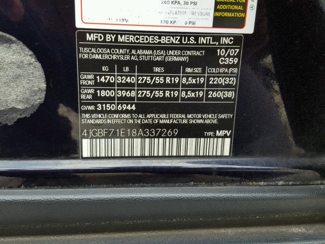 4JGBF71E18A337269 - 2008 MERCEDES-BENZ GL 450 4MA BLACK photo 10