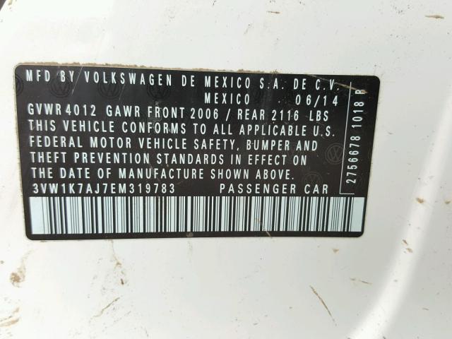 3VW1K7AJ7EM319783 - 2014 VOLKSWAGEN JETTA BASE Սպիտակ լուսանկար 10