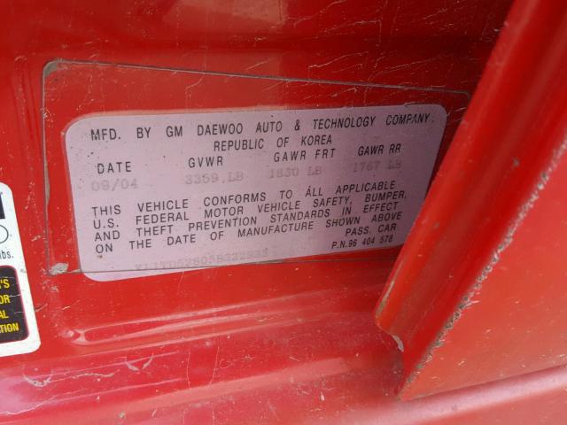 KL1TD52605B322933 - 2005 CHEVROLET AVEO BASE Rouge photo 10