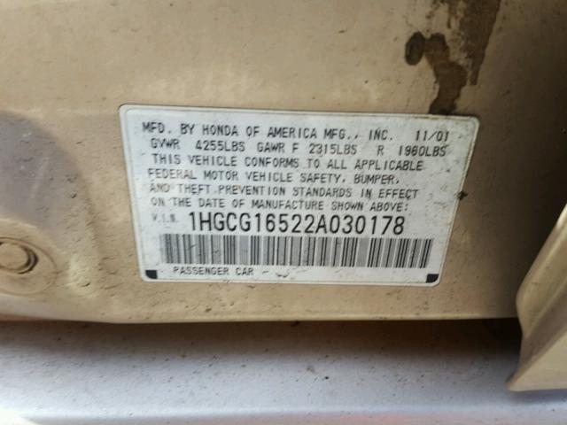 1HGCG16522A030178 - 2002 HONDA ACCORD EX TAN photo 10