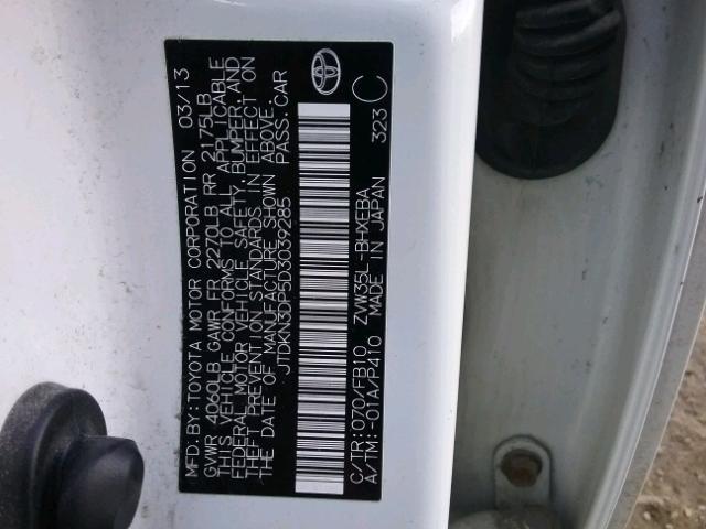 JTDKN3DP5D3039285 - 2013 TOYOTA PRIUS PLUG WHITE photo 10