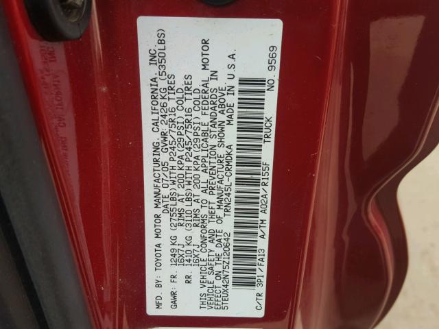 5TEUX42N75Z120642 - 2005 TOYOTA TACOMA ACC RED photo 10