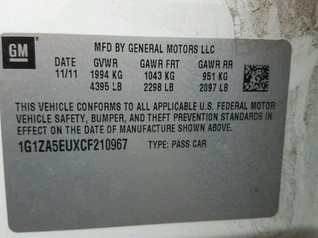 1G1ZA5EUXCF210967 - 2012 CHEVROLET MALIBU LS 白色 照片 10