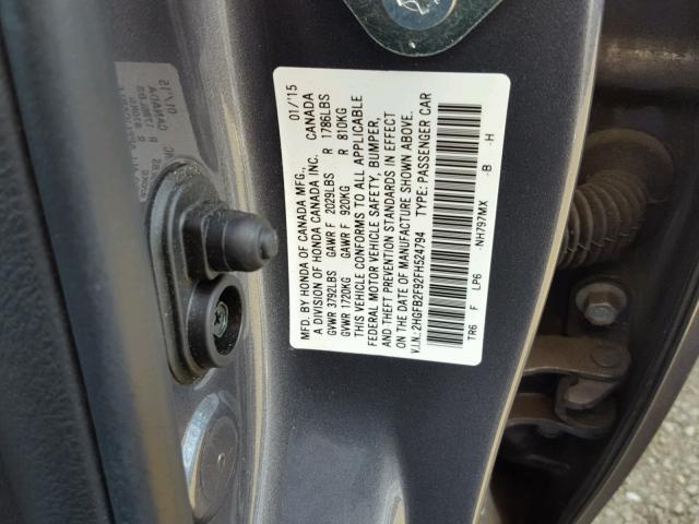 2HGFB2F92FH524794 - 2015 HONDA CIVIC EXL 灰色 照片 10