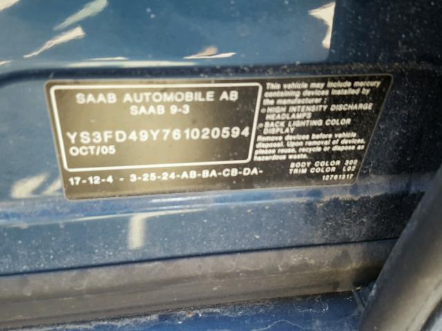 YS3FD49Y761020594 - 2006 SAAB 9-3 BASE BLUE photo 10