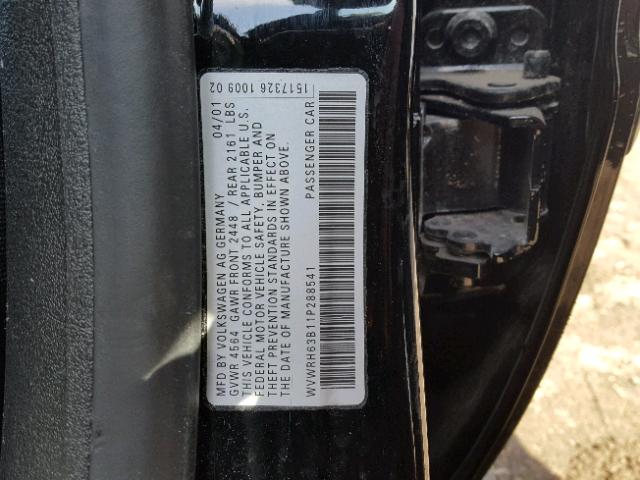 WVWRH63B11P288541 - 2001 VOLKSWAGEN PASSAT GLX BLACK photo 10