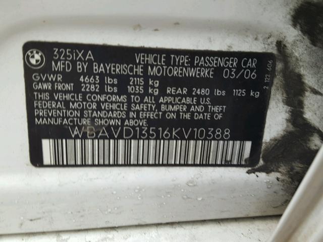 WBAVD13516KV10388 - 2006 BMW 325 XI WHITE photo 10