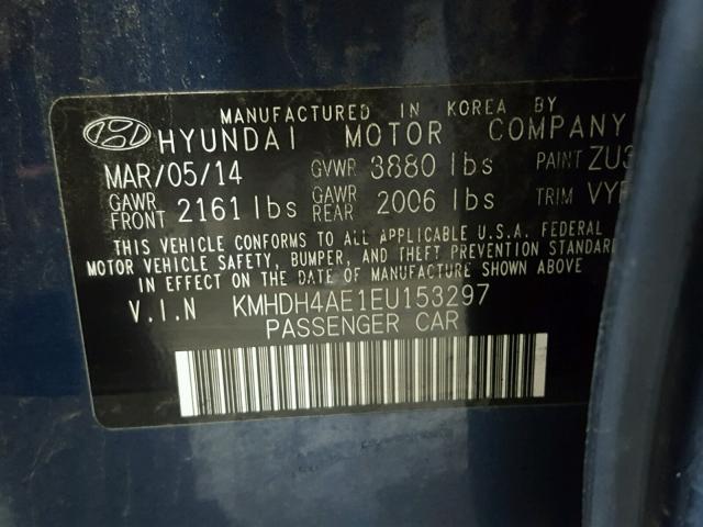 KMHDH4AE1EU153297 - 2014 HYUNDAI ELANTRA SE BLUE photo 10