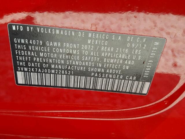 3VW2K7AJ0DM228521 - 2013 VOLKSWAGEN JETTA BASE 红色 照片 10