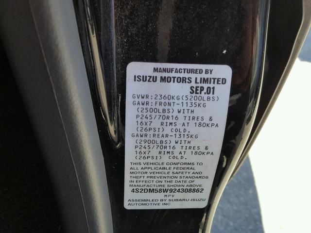 4S2DM58W924308862 - 2002 ISUZU RODEO S BLACK photo 10