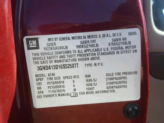 3GNDA13D16S525077 - 2006 CHEVROLET HHR LS MAROON photo 10