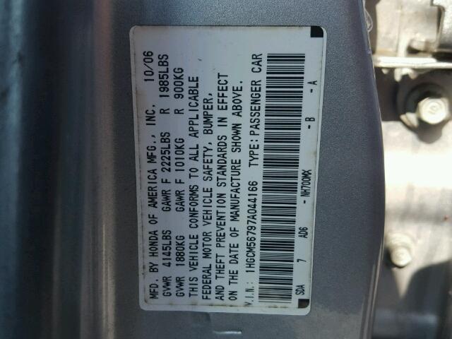 1HGCM56797A044166 - 2007 HONDA ACCORD EX SILVER photo 10