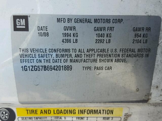 1G1ZG57B694201889 - 2009 CHEVROLET MALIBU LS თეთრი ფოტო 10