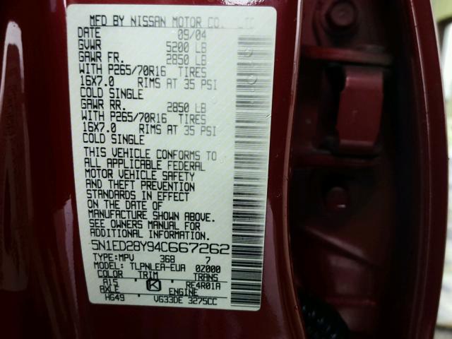 5N1ED28Y94C667262 - 2004 NISSAN XTERRA XE RED photo 10