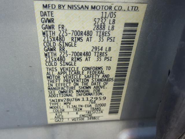 5N1BV28U76N112959 - 2006 NISSAN QUEST S SILVER photo 10