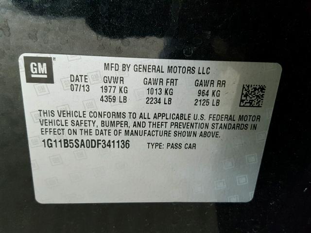 1G11B5SA0DF341136 - 2013 CHEVROLET MALIBU LS ნაცრისფერი ფოტო 10