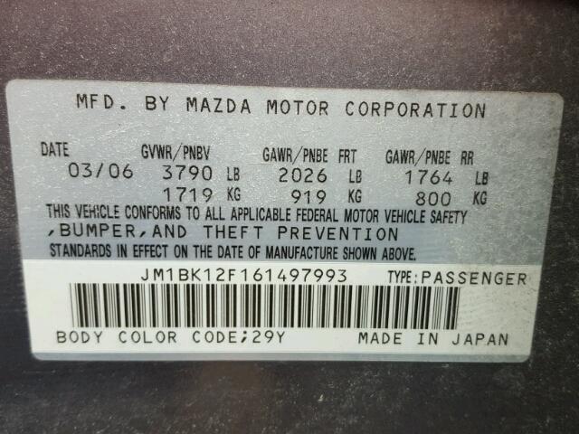 JM1BK12F161497993 - 2006 MAZDA 3 I GRAY photo 10