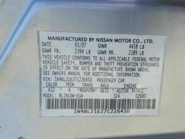 1N4BL21E27C226450 - 2007 NISSAN ALTIMA 3.5 SILVER photo 10