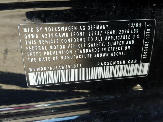 WVWDB7AJ6AW251017 - 2010 VOLKSWAGEN GOLF 黑色 照片 10