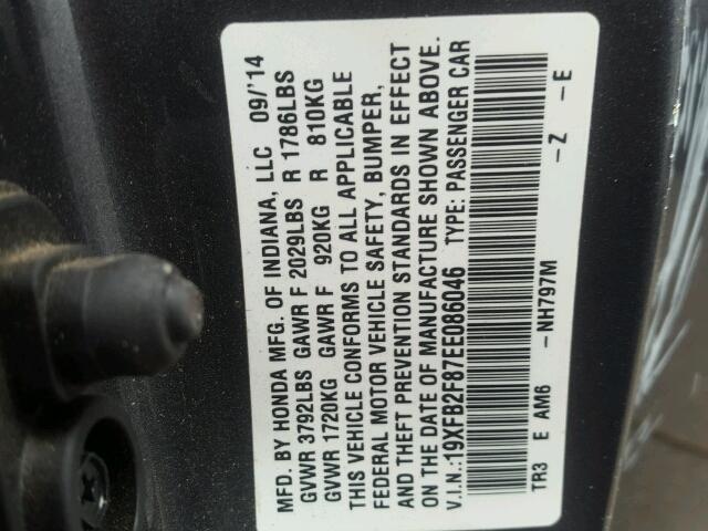 19XFB2F87EE086046 - 2014 HONDA CIVIC EX ნაცრისფერი ფოტო 10