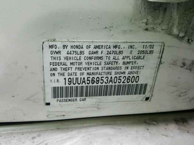 19UUA56953A052600 - 2003 ACURA 3.2TL TYPE WHITE photo 10