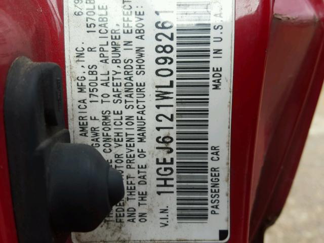 1HGEJ6121WL098261 - 1998 HONDA CIVIC DX RED photo 10