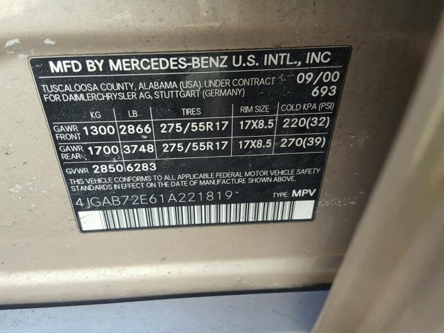 4JGAB72E61A221819 - 2001 MERCEDES-BENZ ML 430 米色 照片 10