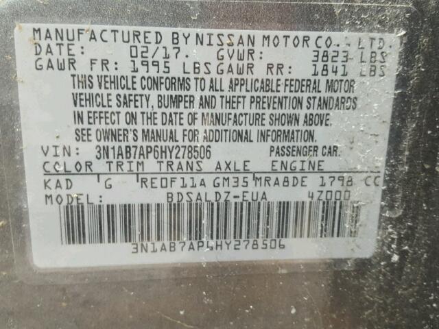 3N1AB7AP6HY278506 - 2017 NISSAN SENTRA S GRAY photo 10