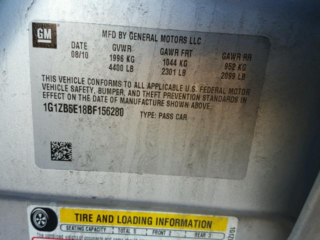 1G1ZB5E18BF156280 - 2011 CHEVROLET MALIBU LS ვერცხლისფერი ფოტო 10