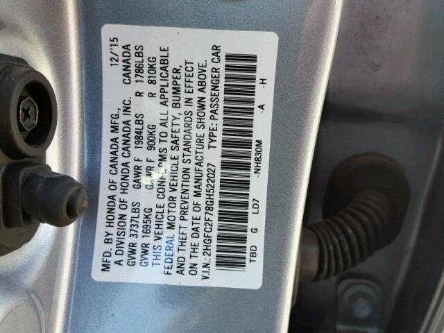 2HGFC2F78GH522027 - 2016 HONDA CIVIC EX ვერცხლისფერი ფოტო 10