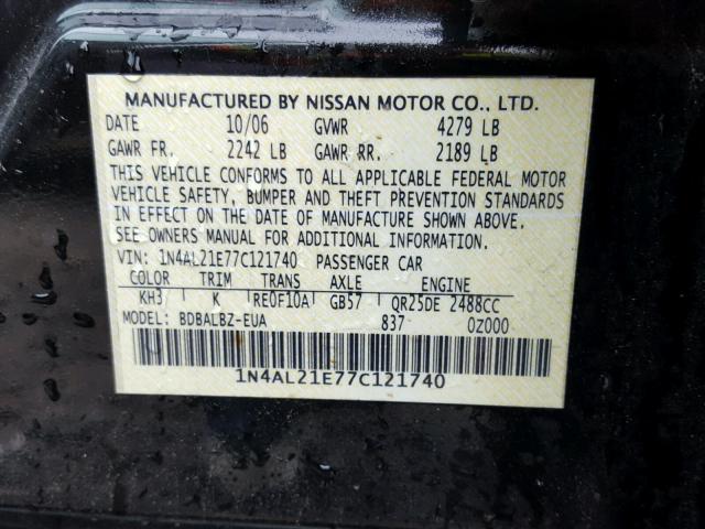 1N4AL21E77C121740 - 2007 NISSAN ALTIMA 2.5 BLACK photo 10